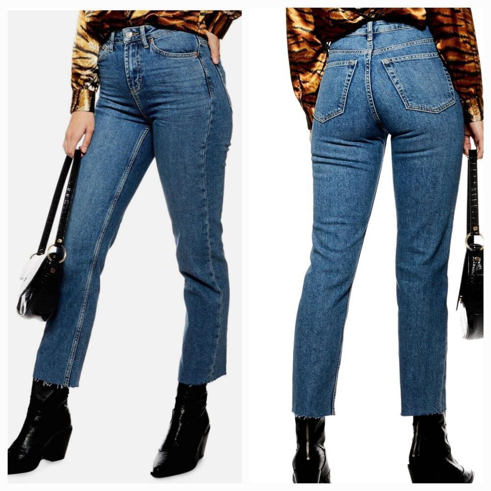 TOPSHOP Women's Straight Leg Jeans Size‎ 32 Raw Hem High Rise